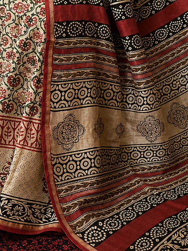 Indiehaat | Beige Chanderi Silk Kalamkari Saree