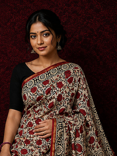 Indiehaat | Beige Chanderi Silk Kalamkari Saree