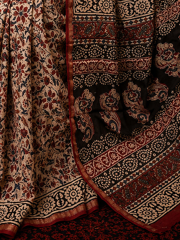 Indiehaat | Beige Chanderi Silk Kalamkari Saree