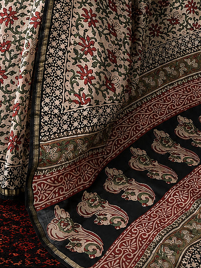 Indiehaat | Beige Chanderi Silk Kalamkari Saree