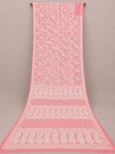 Indiehaat | Peach Georgette Chikankari Saree | Party Wear