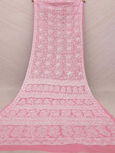 Indiehaat | Pink Georgette Chikankari Saree | Party Wear