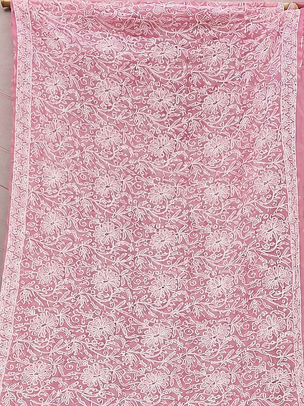 Indiehaat | Pink Georgette Chikankari Saree | Party Wear
