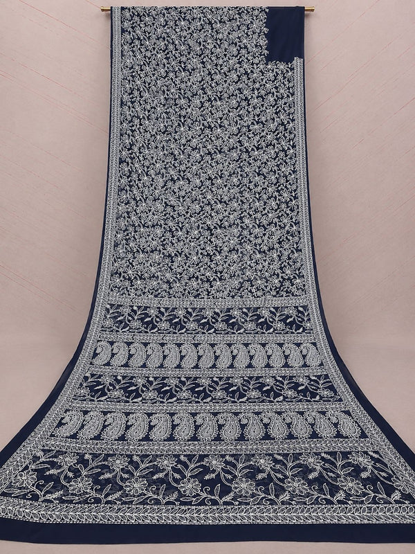 Indiehaat | Blue Georgette Chikankari Saree | Party Wear