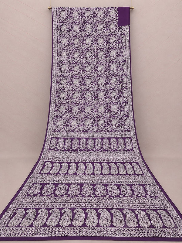 Indiehaat | Purple Georgette Chikankari Saree | Party Wear