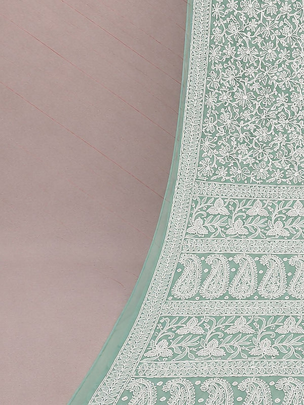 Indiehaat | Green Georgette Chikankari Saree | Party Wear