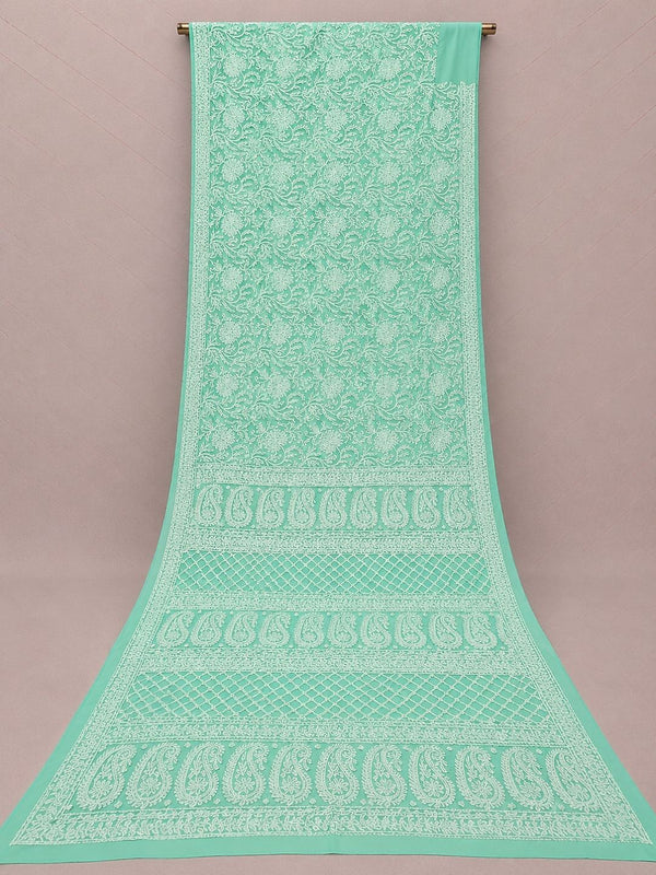 Indiehaat | Green Georgette Chikankari Saree | Party Wear