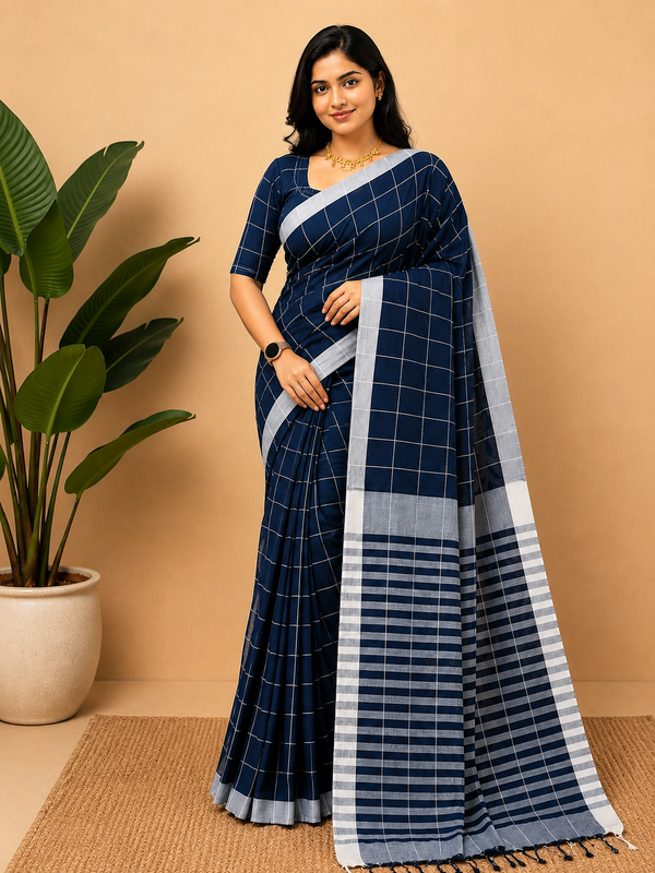 Indiehaat | Blue Khadi Cotton Handloom Saree