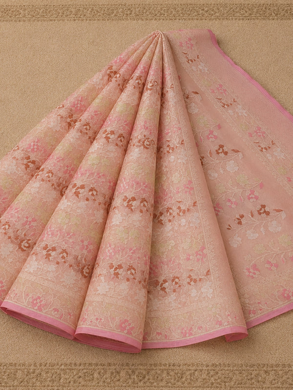 Indiehaat | Peach Kora Banarasi Saree | Jamdani