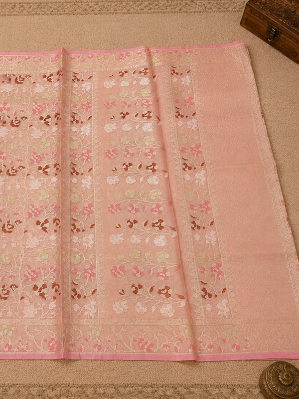 Indiehaat | Peach Kora Banarasi Saree | Jamdani