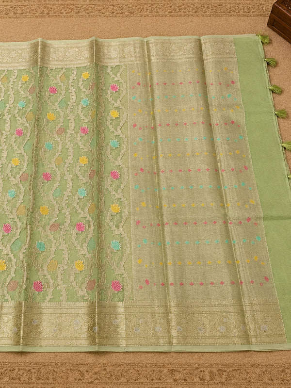Indiehaat | Green Kora Banarasi Saree | Jamdani