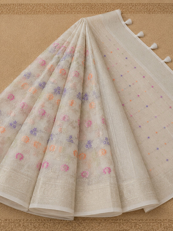Indiehaat | White Kora Banarasi Saree | Jamdani