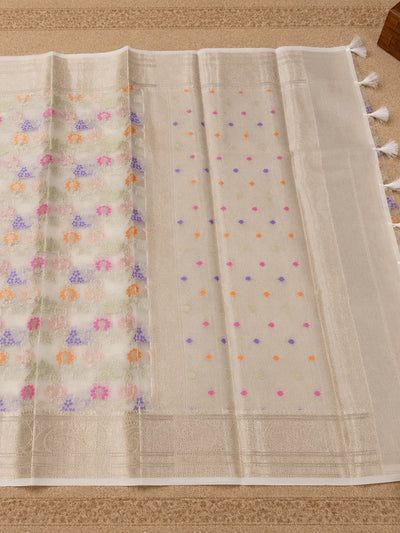 Indiehaat | White Kora Banarasi Saree | Jamdani