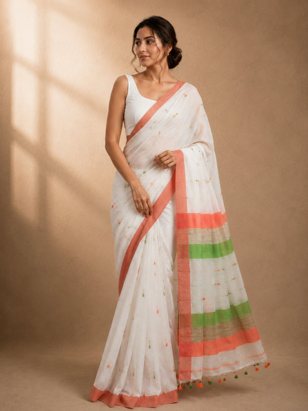 Khadi Cotton Handloom Weaving Saree White | Indiehaat
