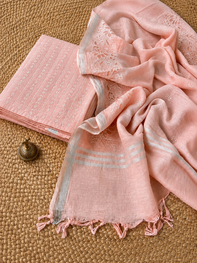 Saanvi Pure Linen Embroidered Suit (T+B+D) Soft Peach