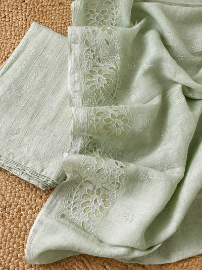 Saanvi Pure Linen Embroidered Suit (T+B+D) Pale Green