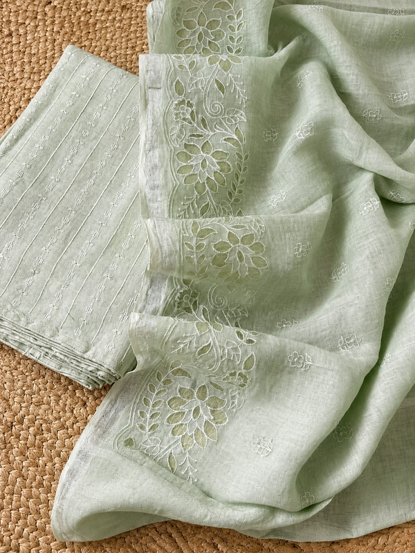 Indiehaat | Pure Linen Embroidered Suit (T+B+D) Green