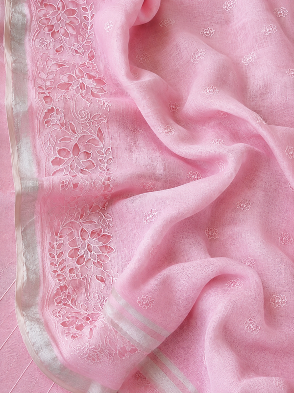 Indiehaat | Pure Linen Embroidered Suit (T+B+D) Pink