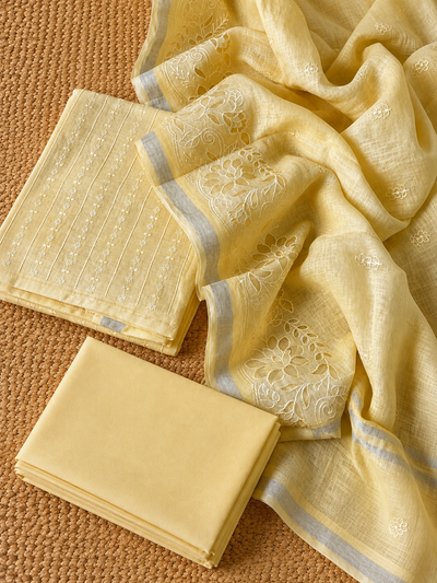 Indiehaat | Pure Linen Embroidered Suit (T+B+D) Yellow