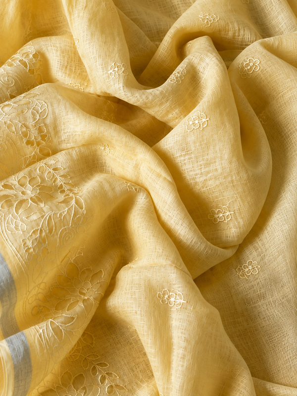 Indiehaat | Pure Linen Embroidered Suit (T+B+D) Yellow