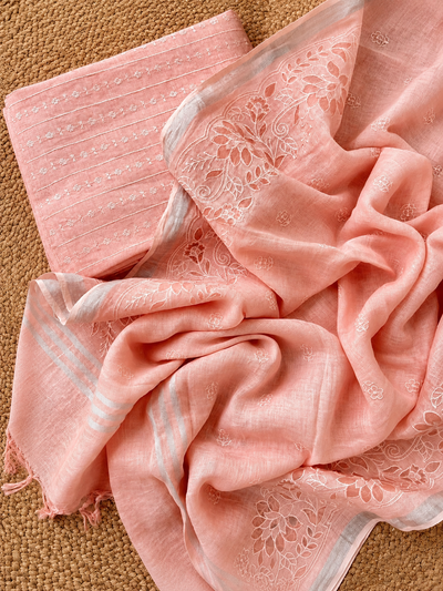 Saanvi Pure Linen Embroidered Suit (T+B+D) Dark Peach