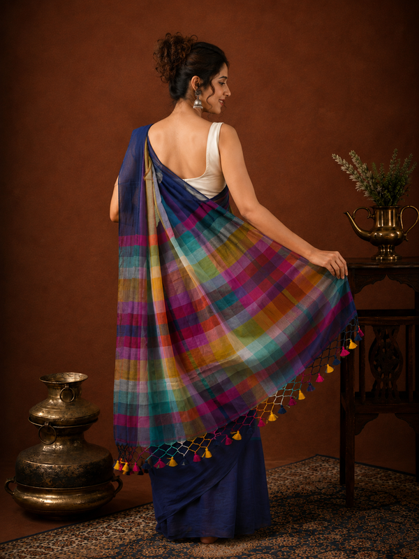 Indiehaat | Pure Handloom Mul Cotton Saree with Striped Pallu