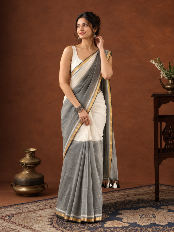 Indiehaat | Pure Handloom Mul Cotton Sequin Saree White & Gray