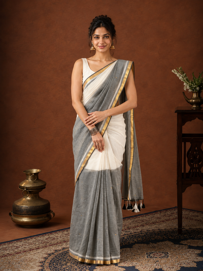 Indiehaat | Pure Handloom Mul Cotton Sequin Saree White & Gray