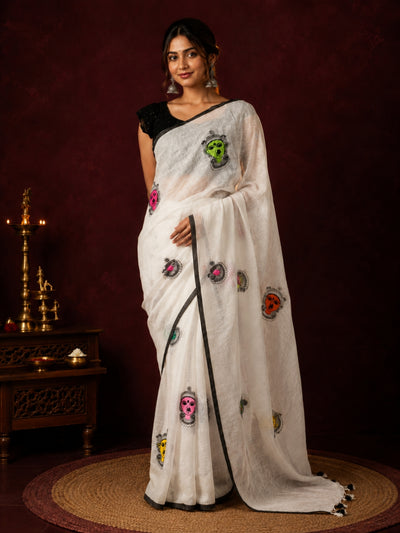 Aakriti Pure Linen Embroidered Saree Crisp White
