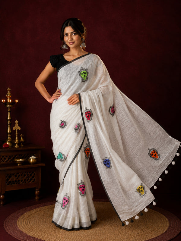 Indiehaat | Pure Linen Embroidered Saree White