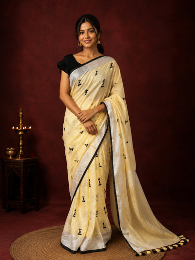 Aakriti Pure Linen Embroidered Saree Pale Yellow