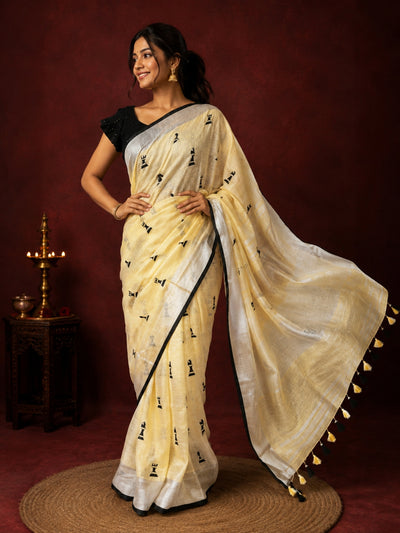 Indiehaat | Pure Linen Embroidered Saree Yellow