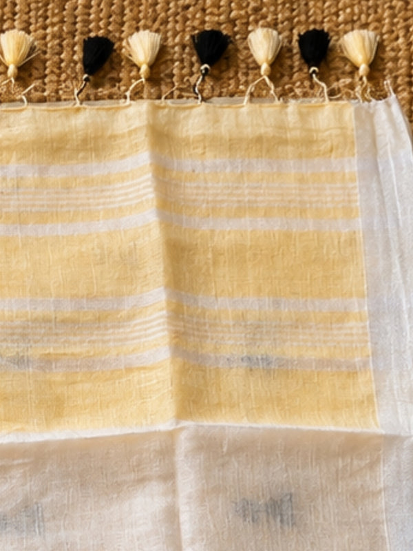 Indiehaat | Pure Linen Embroidered Saree Yellow