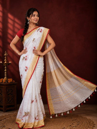 Aakriti Pure Linen Embroidered Saree Ivory White
