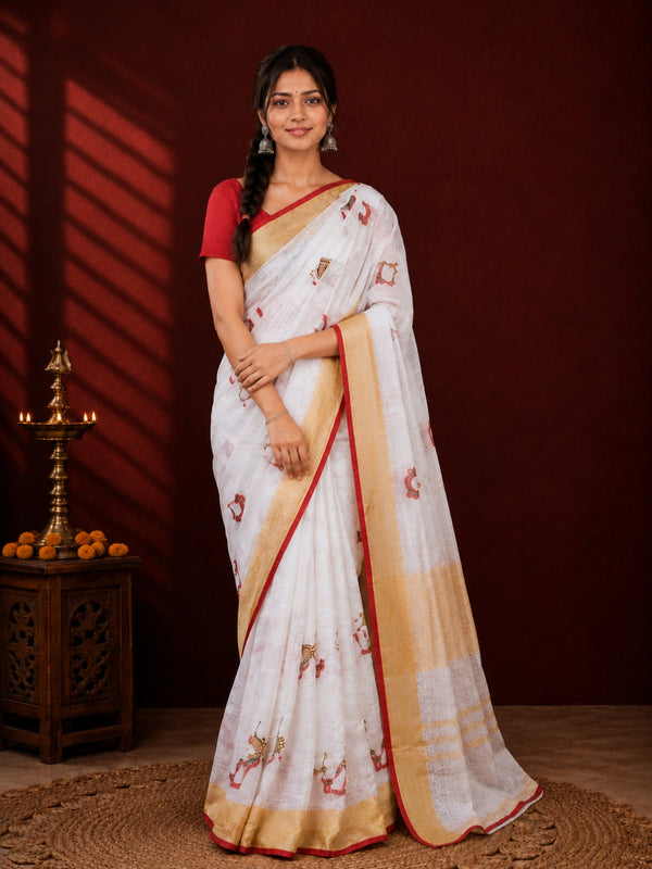 Indiehaat | Pure Linen Embroidered Saree White