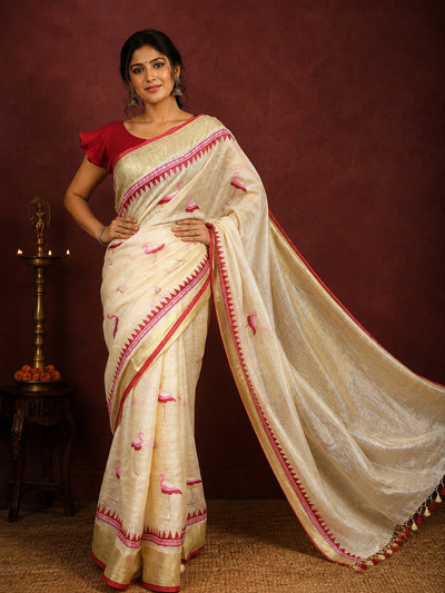 Aakriti Pure Linen Embroidered Saree Soft Cream