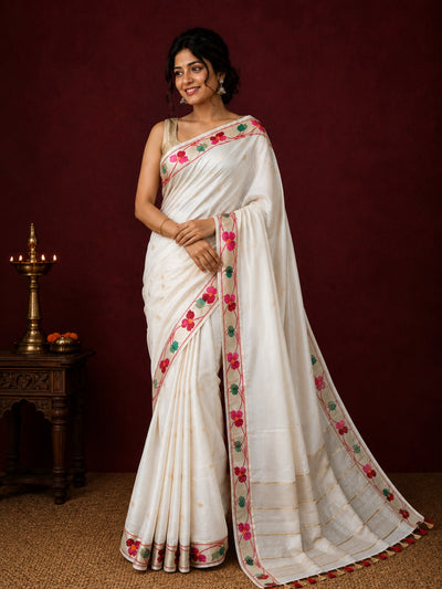 Aamani Silk Linen Embroidered Saree Ivory White