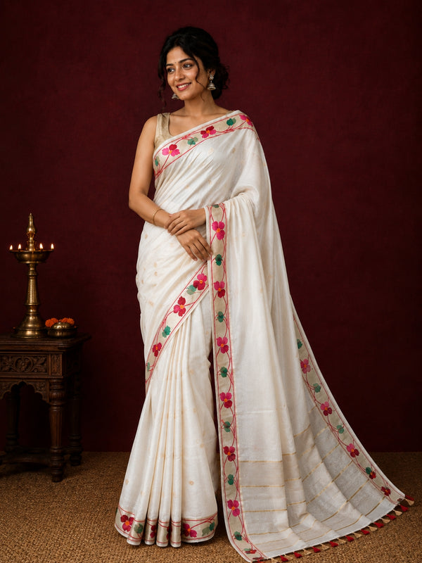 Indiehaat | White Silk Linen Embroidered Saree