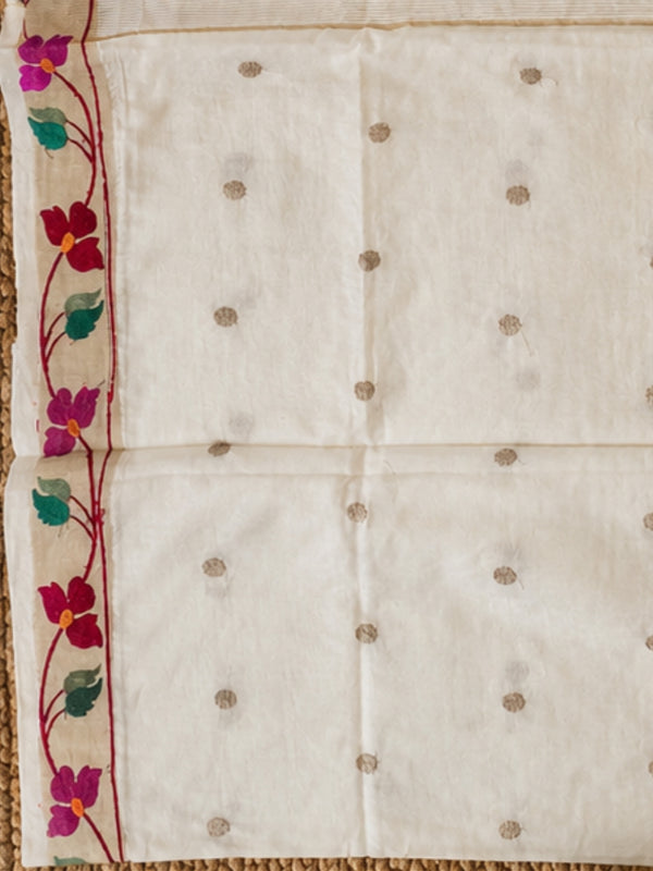 Indiehaat | White Silk Linen Embroidered Saree