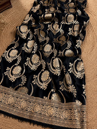 Ambar Mashru Katan Silk Heavy Floral Buta Saree Black