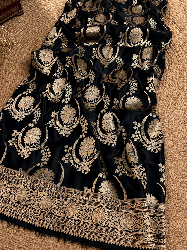 Indiehaat | Mashru Katan Silk Heavy Floral Buta Saree Black