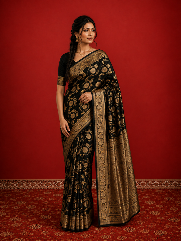 Indiehaat | Mashru Katan Silk Heavy Floral Buta Saree Black