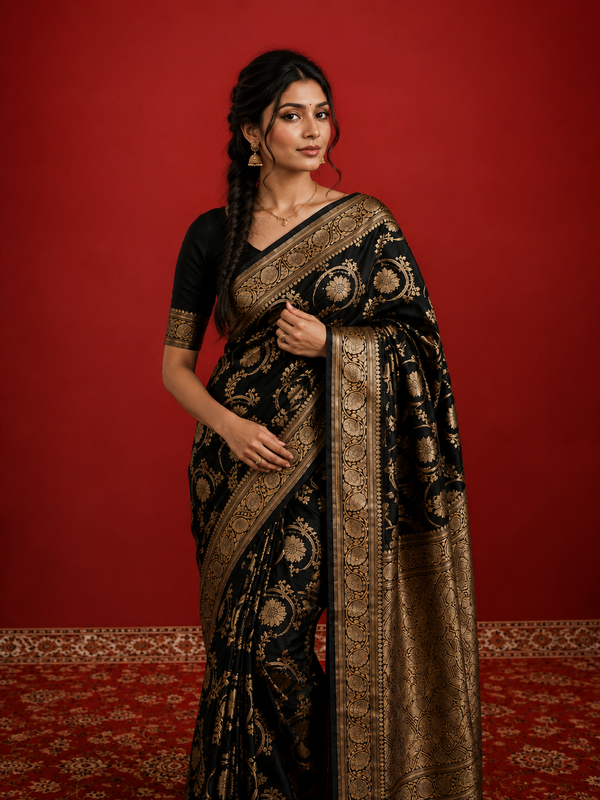 Indiehaat | Mashru Katan Silk Heavy Floral Buta Saree Black
