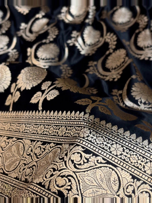 Indiehaat | Mashru Katan Silk Heavy Floral Buta Saree Black