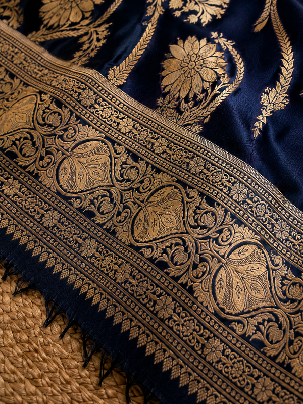 Indiehaat | Mashru Katan Silk Heavy Floral Buta Saree Blue