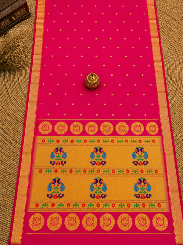 Indiehaat | Handloom Weaving Paithani Silk Saree Pink