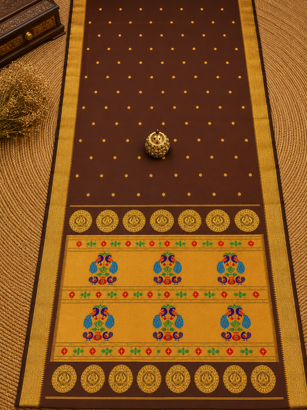 Indiehaat | Handloom Weaving Paithani Silk Saree Brown