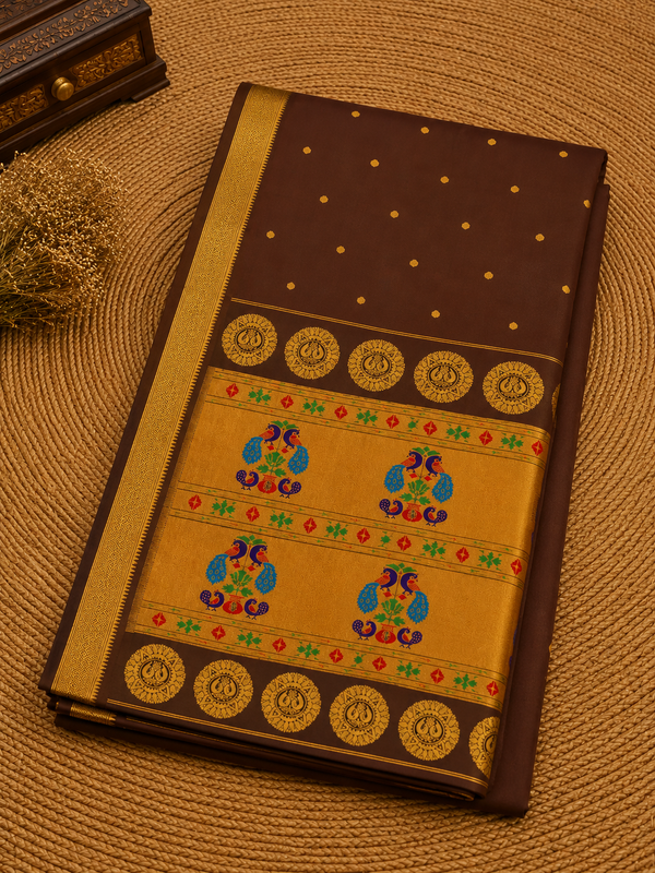 Indiehaat | Handloom Weaving Paithani Silk Saree Brown