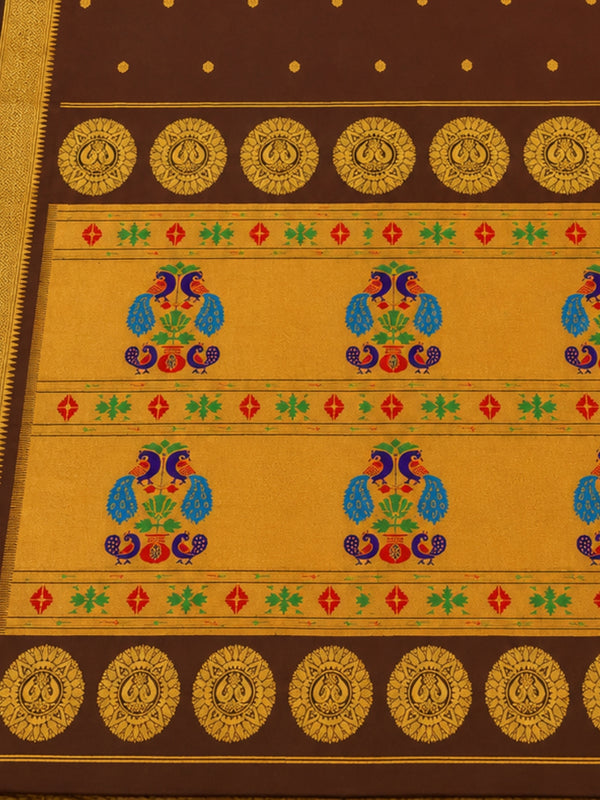 Indiehaat | Handloom Weaving Paithani Silk Saree Brown