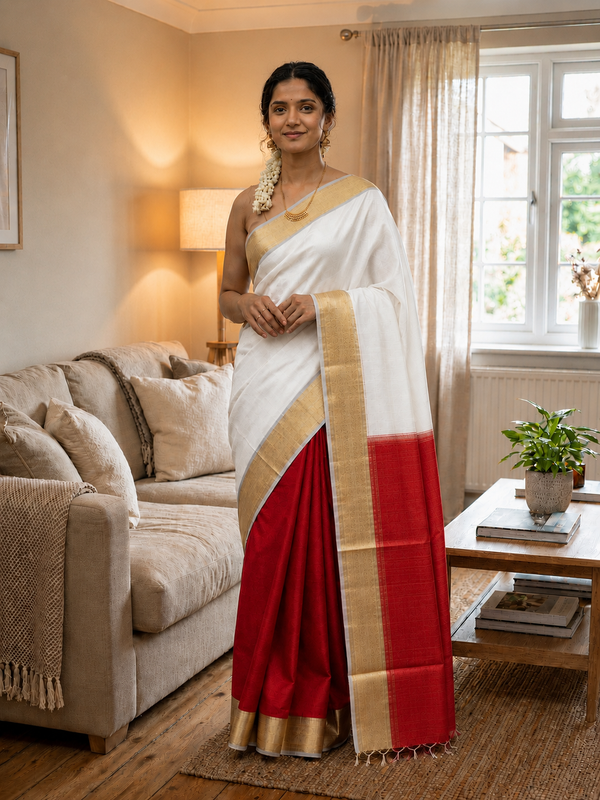 Indiehaat | Kota Silk Hand Dyed Saree White & Red